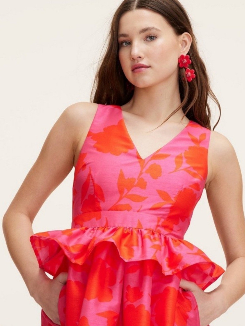kate spade Pink and Coral Floral Peplum Midi Dress Sz 00 - Picture 3 of 6